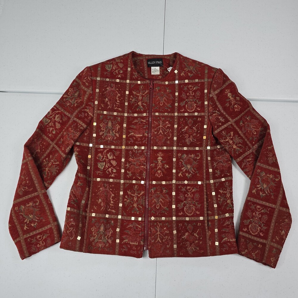 Vintage 90s Ellen Figg M Red Tan Sequin Tapestry Patchwork Zip Blazer Jacket